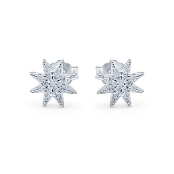 Starburst Stud Earrings Round Simulated CZ 925 Sterling Silver